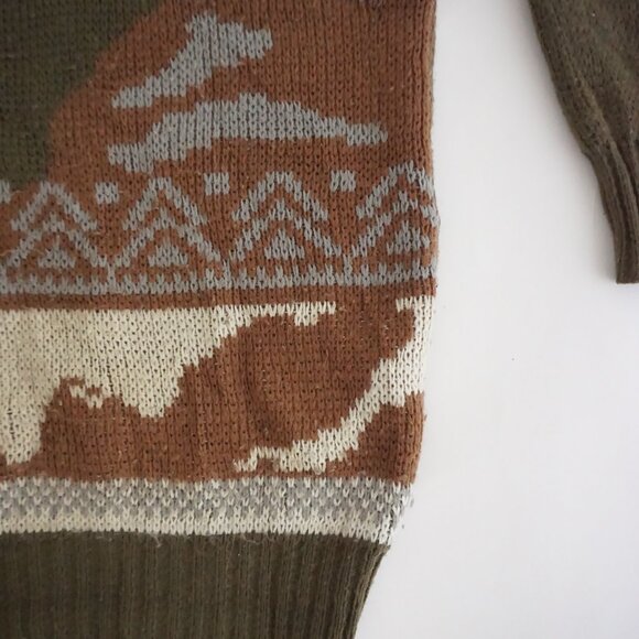 VTG Olive Green Bear Wildlife Fair Isle Graphic Outdoor Knit Crewneck Sweater XL - Picture 5 of 12
